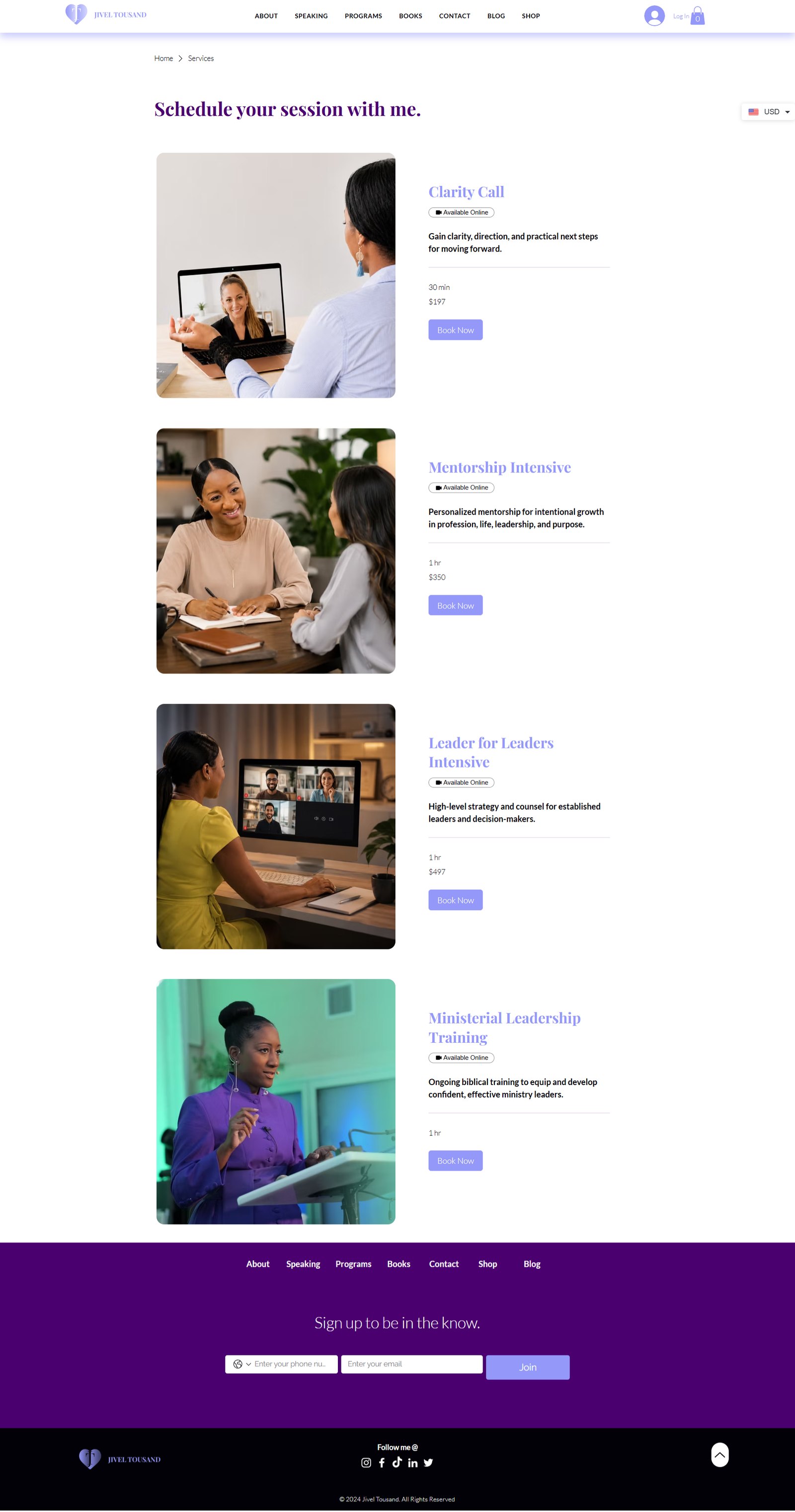 The Jivel Tousand booking page, sessions listed with duration and price, each with its own booking flow